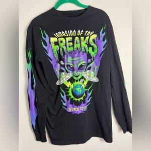 Dolls Kill Black Long Sleeve Tee with Neon Alien Graphic